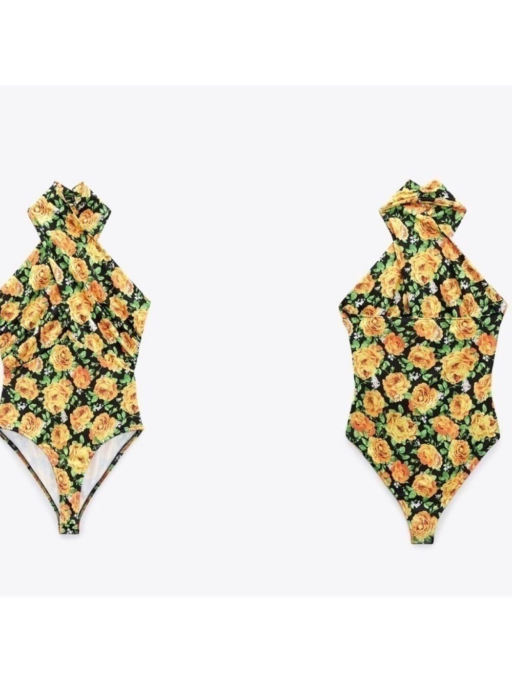 Zara black yellow rose floral flower halter CROSS NECK BODYSUIT Sz L NWT